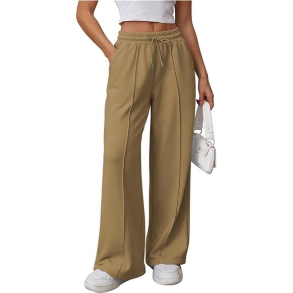 Womens Wide Leg Sweatpants High Waisted Khaki - Picture 1 of 6
